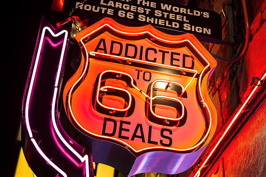Sign Photograph - ROUTE 66 - Addicted to 66 Deals Neon Sign in Williams Arizona by John Wayland