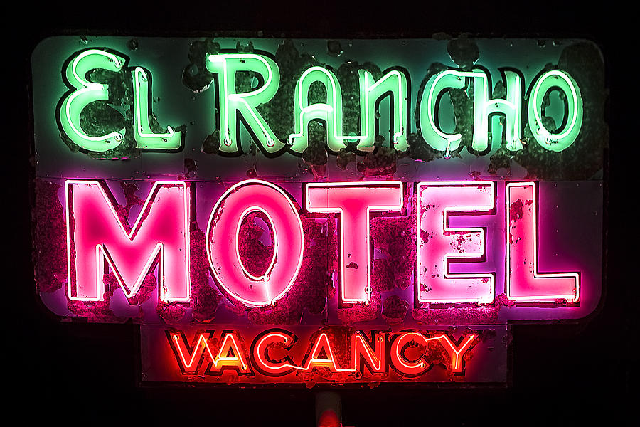 Vintage Photograph - ROUTE 66 - El Rancho Motel Vintage Neon Sign in Williams Arizona by John Wayland