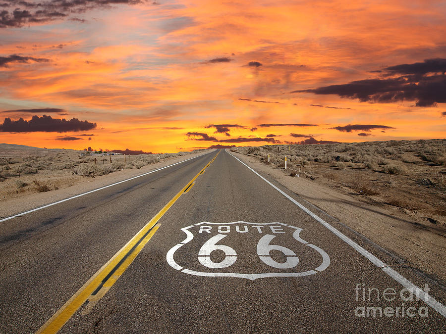 Sunset Photograph - Route 66 Pavement Sign Sunrise Mojave Desert by Trekkerimages Photography