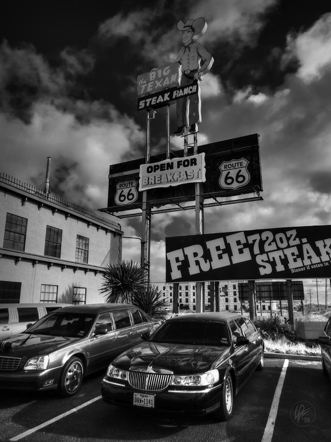 Amarillo Photograph - Route 66 - The Big Texan 001 BW by Lance Vaughn
