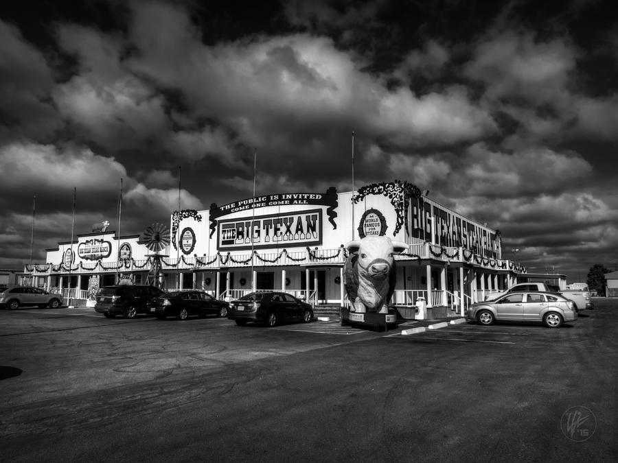 Amarillo Photograph - Route 66 - The Big Texan 003 BW by Lance Vaughn