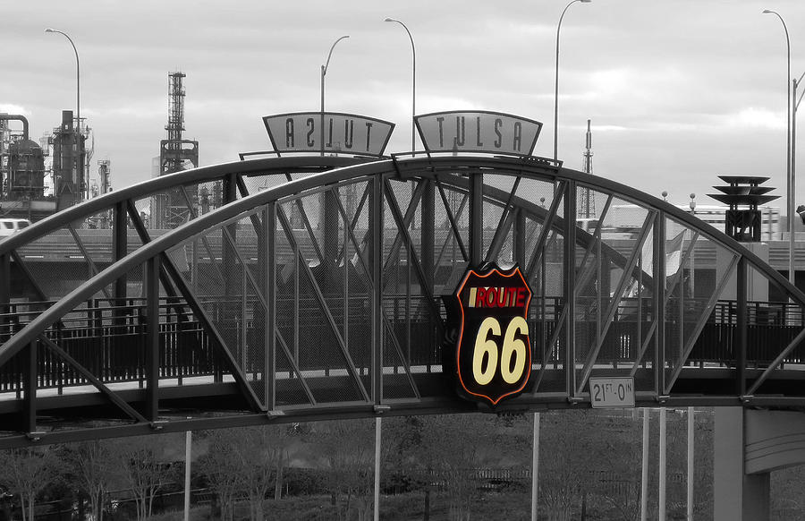 Route 66 Tulsa Sign Bw Splash Photograph by Tony Grider