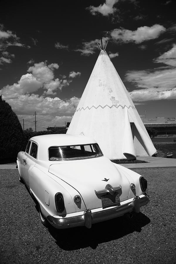 Route 66 Wigwam Motel and Classic Car 2012 BW Photograph by Frank Romeo