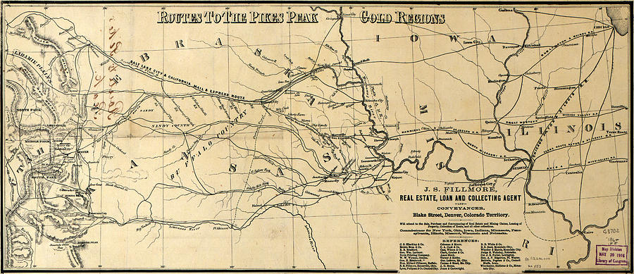 Antique Map - Routes To The Pikes Peak Gold Region - 1860s Drawing