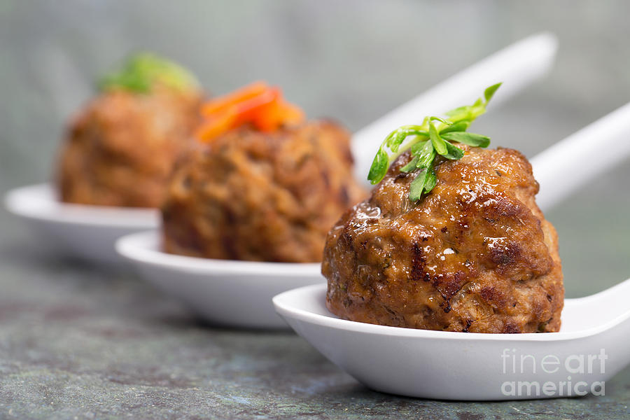 Ball Photograph - Row of Asian meatballs by Jane Rix