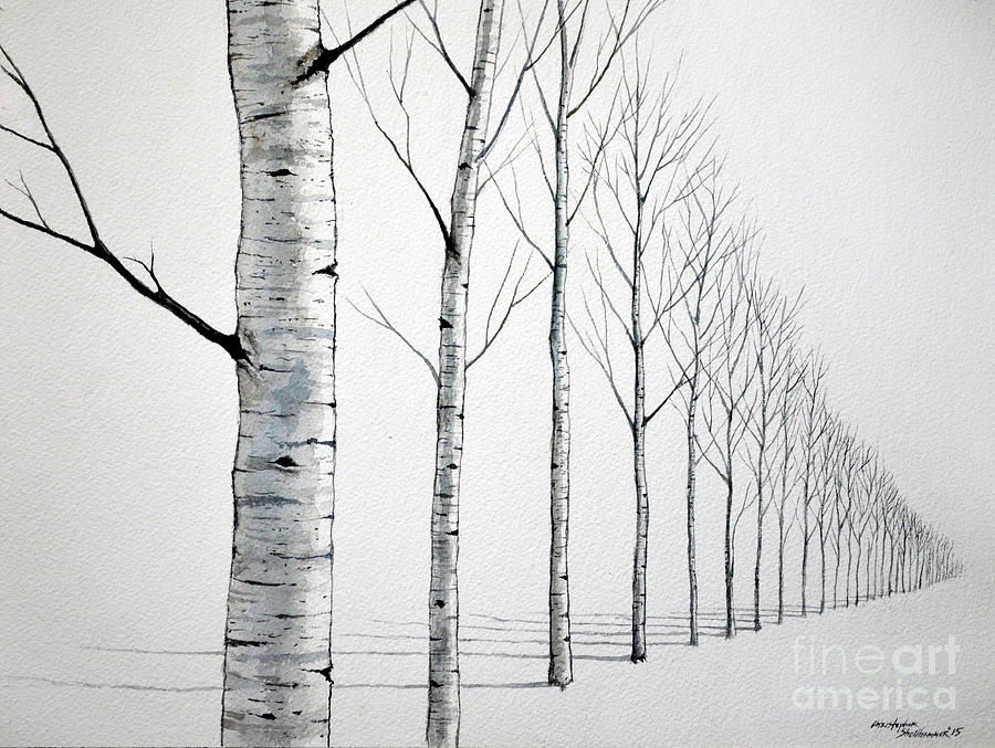 Tree Painting - Row of Birch Trees in the Snow by Christopher Shellhammer