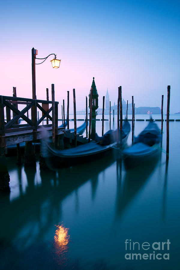Boat Photograph - Row of gondolas at sunrise in Venice - Italy by Matteo Colombo