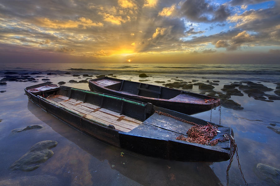 Boat Photograph - Rowboats at Sunrise by Debra and Dave Vanderlaan