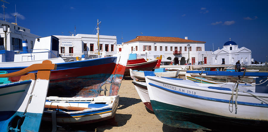 Architecture Photograph - Rowboats On A Harbor, Mykonos, Greece by Panoramic Images