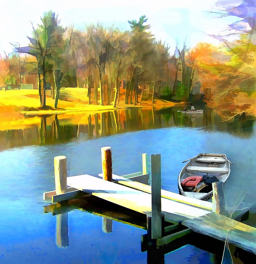 Fall Painting - Rowboats on Blue Water Lake by Elaine Plesser