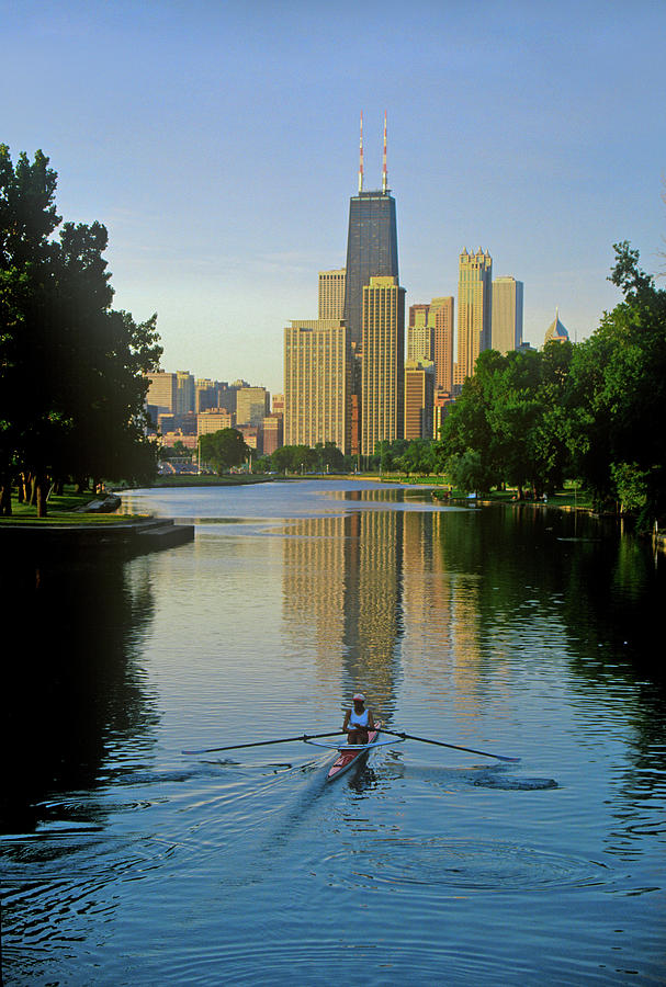 Rower On Chicago River With Skyline Photograph by Panoramic Images