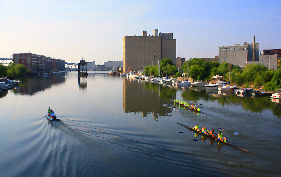 Milwaukee Digital Art - Rowers Milwaukee River 1 by Geoff Strehlow