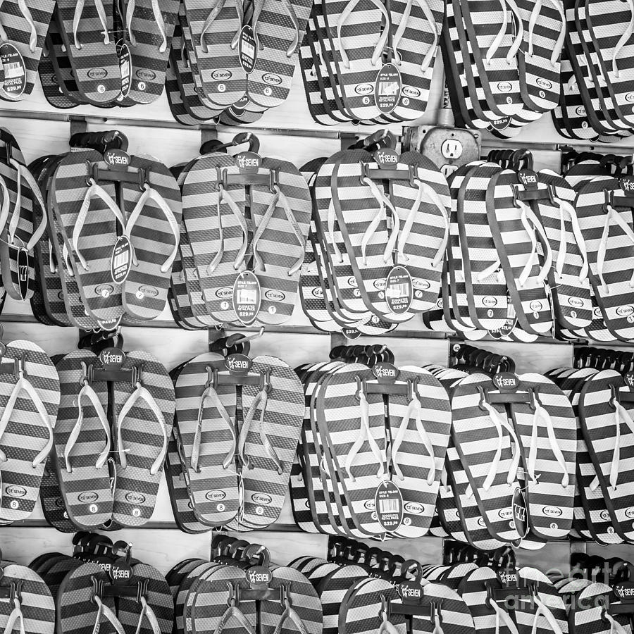 Black And White Photograph - Rows of Flip-flops Key West - Square - Black and White by Ian Monk