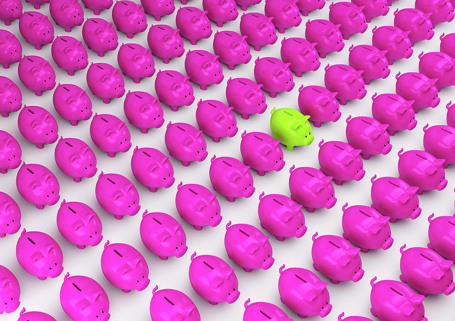 Rows Of Pink Piggy Banks With One Green Photograph by Ikon Ikon Images