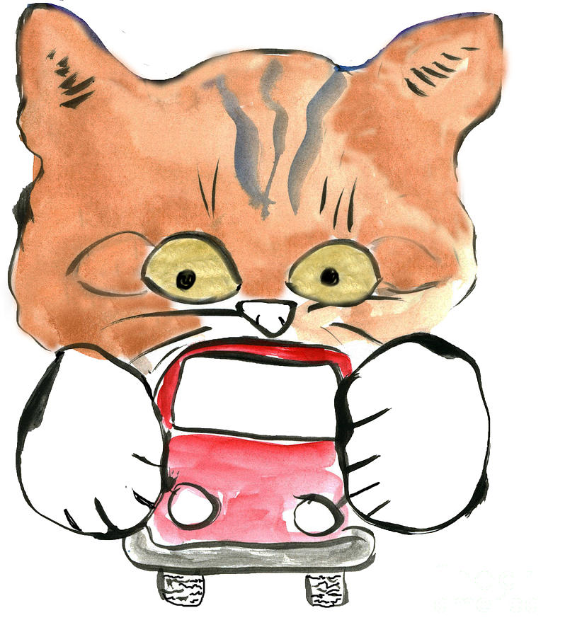 Roxy Kitty Grabs A Little Red Car Painting