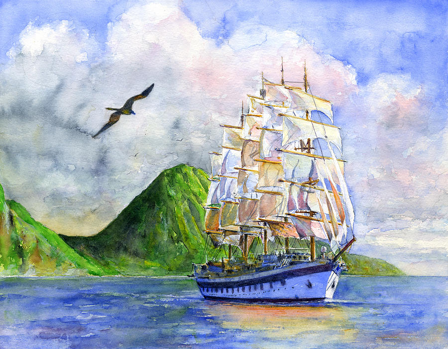 Royal Clipper leaving St. Lucia Painting by John D Benson