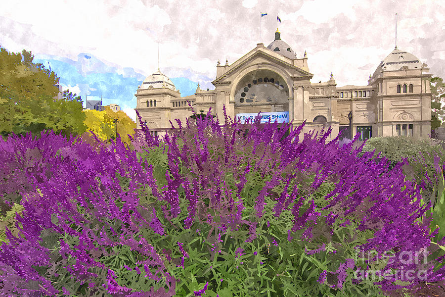 Royal Exhibition Building and Salvia Maynight Purple Flowers Digital Art by Beverly Claire Kaiya