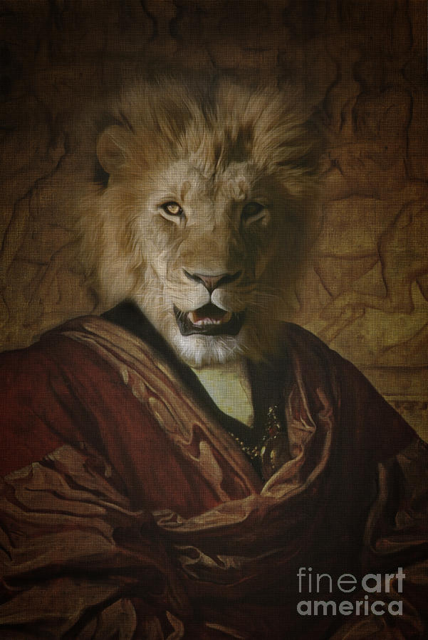 Vintage Digital Art - Royal Lion King Human Body Animal Head Portrait by Jolanta Meskauskiene