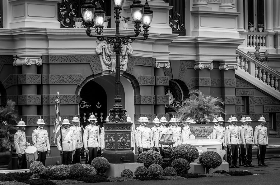 Black And White Photograph - Royal Thai Palace Guard in File and Rank at the Grand Palace Bangkok Thailand by Colin Utz