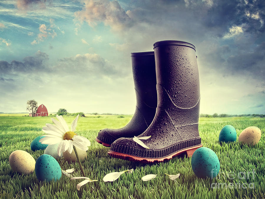 Rubber boots with easter eggs on grass Photograph by Sandra Cunningham