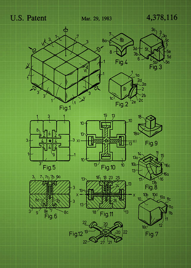 Vintage Photograph - Rubiks cube Patent 1983 - Green by Chris Smith