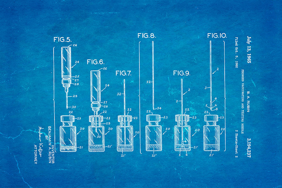 Vintage Photograph - Rubin Vaccinating Needle 2 Patent Art 1965 Blueprint by Ian Monk