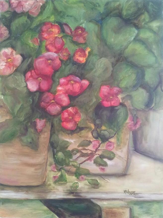 Still Life Painting - Ruby Begonias for Aunt Chickie by Maria Milazzo