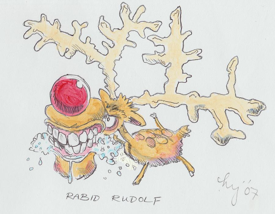 Christmas Drawing - Rudolph The Reindeer Cartoon by Mike Jory