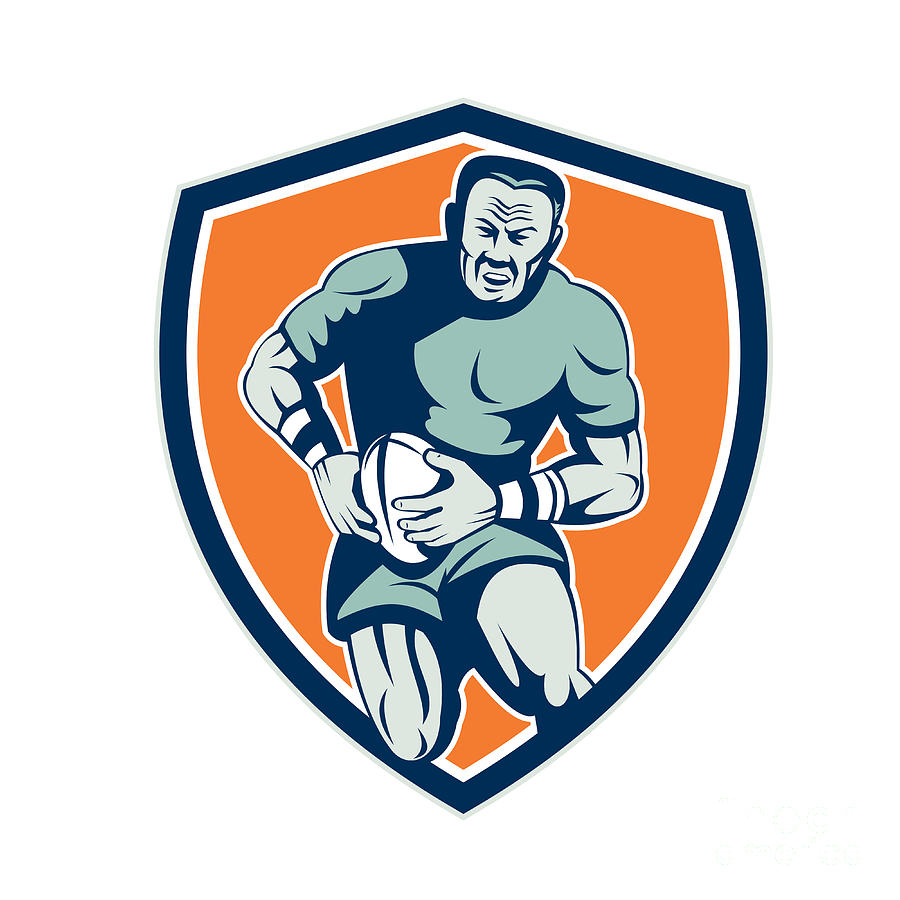 Ball Digital Art - Rugby Player Running Attacking Shield Retro by Aloysius Patrimonio