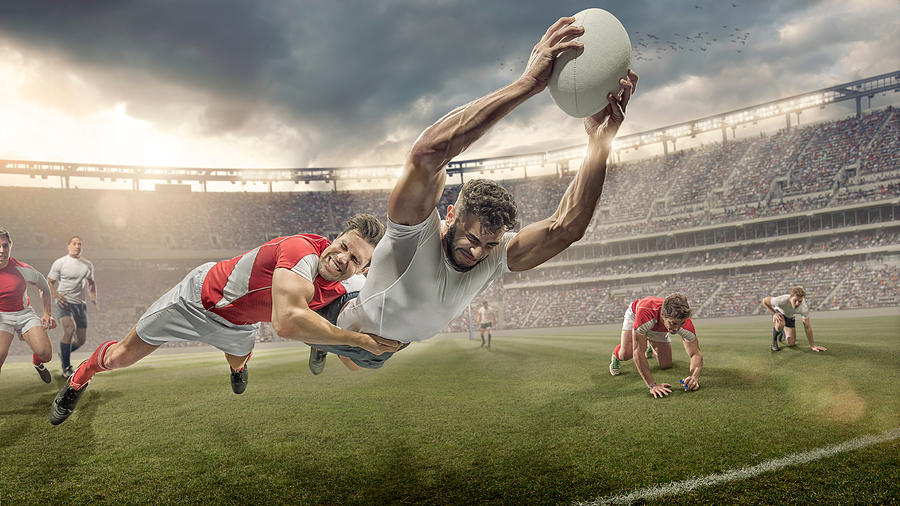 Rugby Player Tackled in Mid Air Dives To Score Photograph by Peepo
