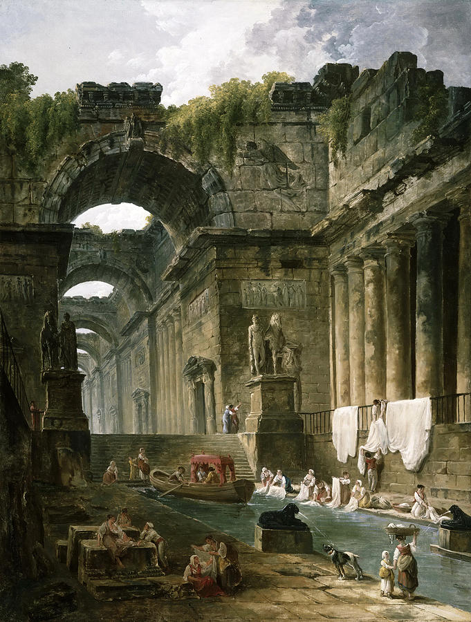 Ruins of a Roman Bath with Washerwomen Painting by Hubert Robert