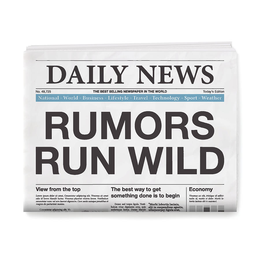 RUMORS RUN WILD Headline. Newspaper isolated on White Background Drawing by Bgblue