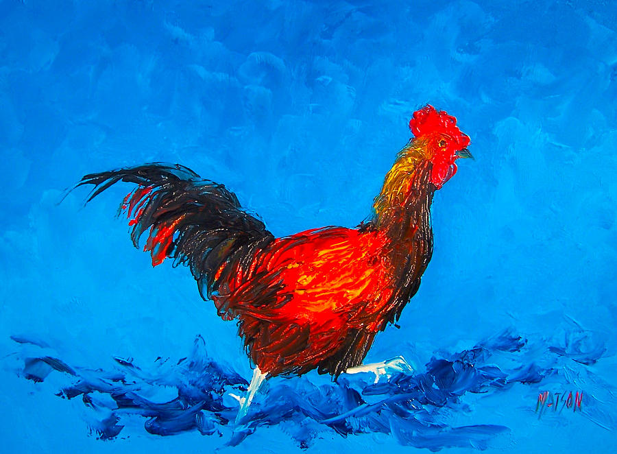 Running rooster on blue background Painting by Jan Matson