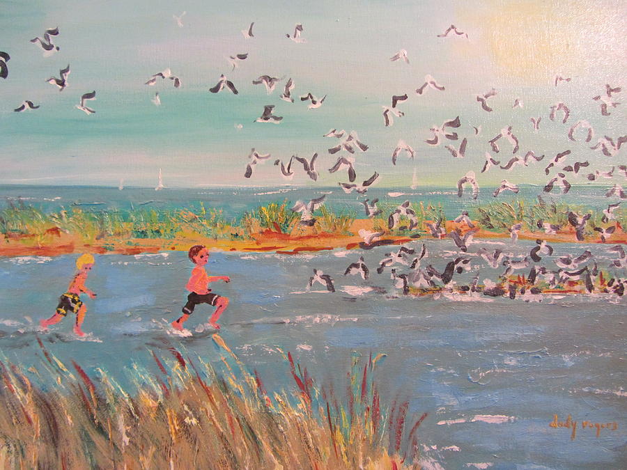Running with the gulls Painting by Dody Rogers