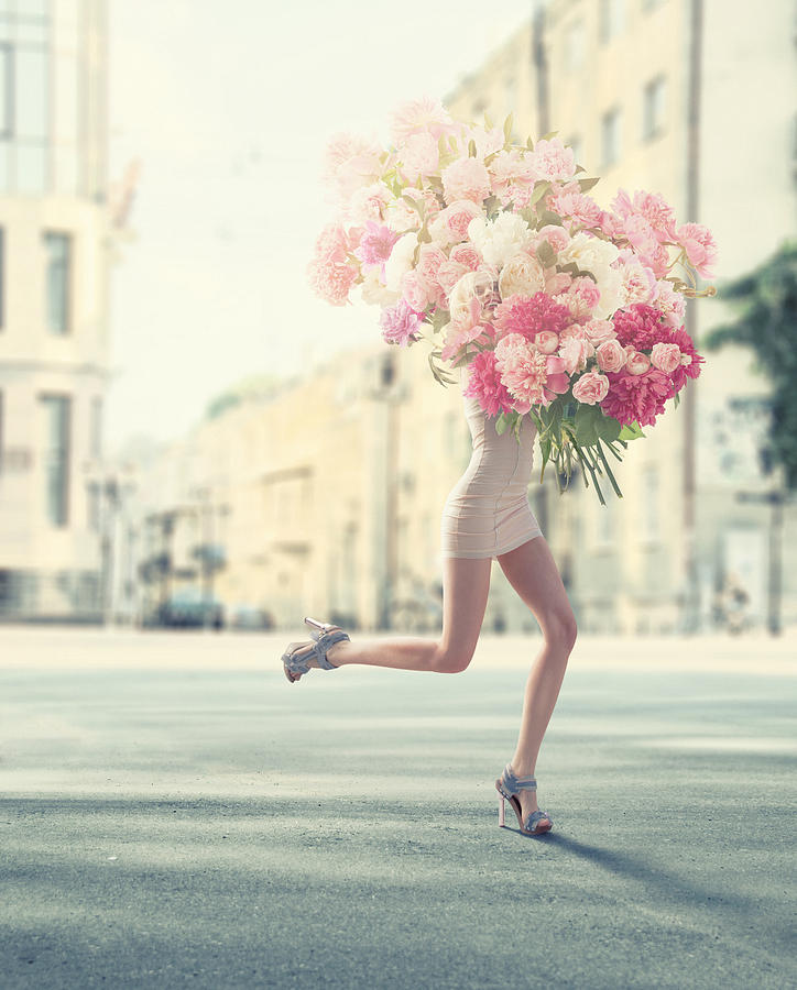 Running Women With Giant Bunch Of Flowers Photograph by Vizerskaya