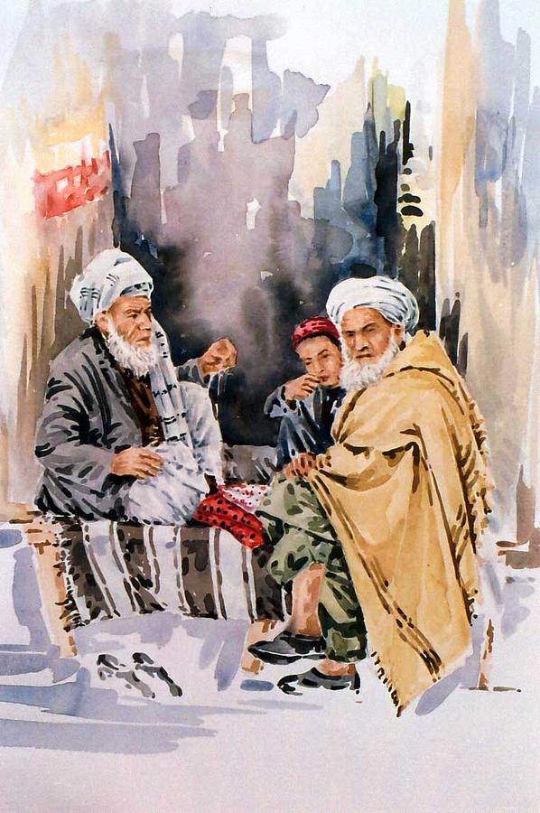 Tea Painting - Rural Elderly Gathering  by Hafiz Ashna