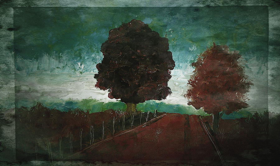 Fall Painting - Rural Landscape Red Green by Laura Carter by Laura Carter