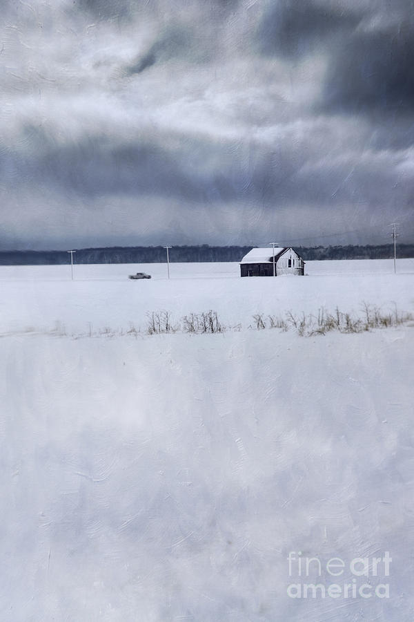 Rural winter scene of barn and truck from far away Photograph by Sandra Cunningham