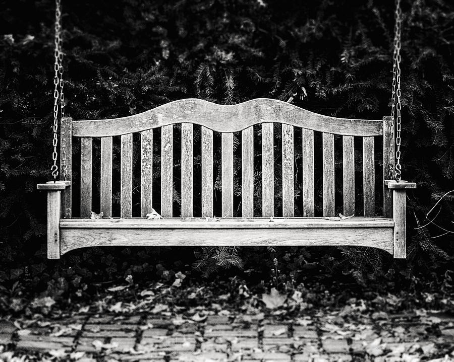 Black And White Photograph - Rustic Bench Swing in Black and White by Lisa R