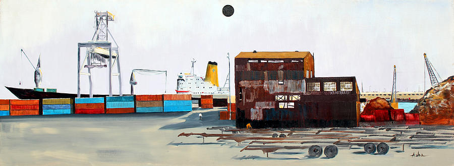 Rustic Schnitzer Steel Building and Ship Painting by Asha Carolyn Young