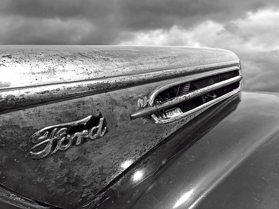 Rusty Ford Hood and Fender 1942 Black and White Photograph by Gill Billington