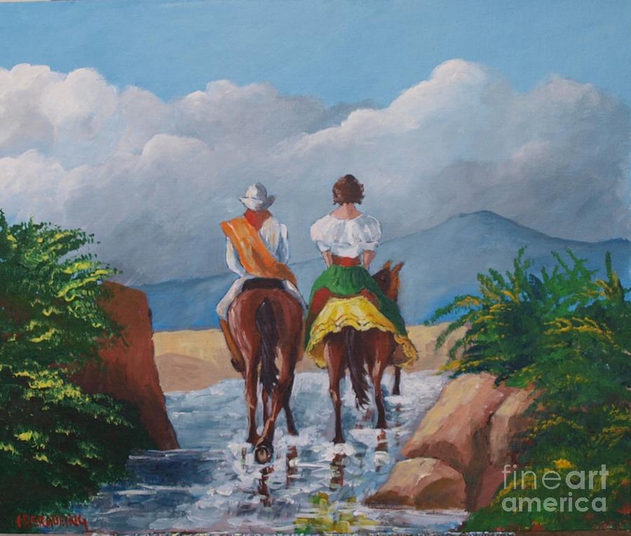 Sabanero and wife crossing a river Painting by Jean Pierre Bergoeing