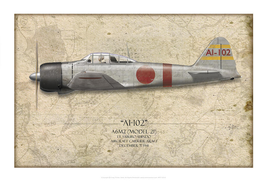 Airplane Painting - Saburo Shindo A6M Zero - Map Background by Craig Tinder
