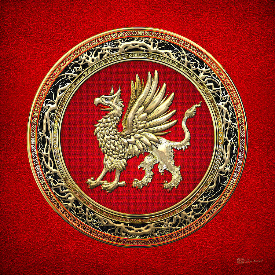 Sacred Gold Griffin on Red Leather  Digital Art by Serge Averbukh
