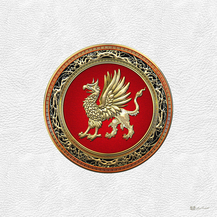 Sacred Gold Griffin on White Leather  Digital Art by Serge Averbukh