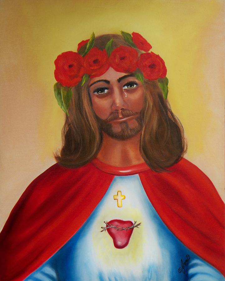 Sacred Heart- Crown of Roses Painting by Joni McPherson