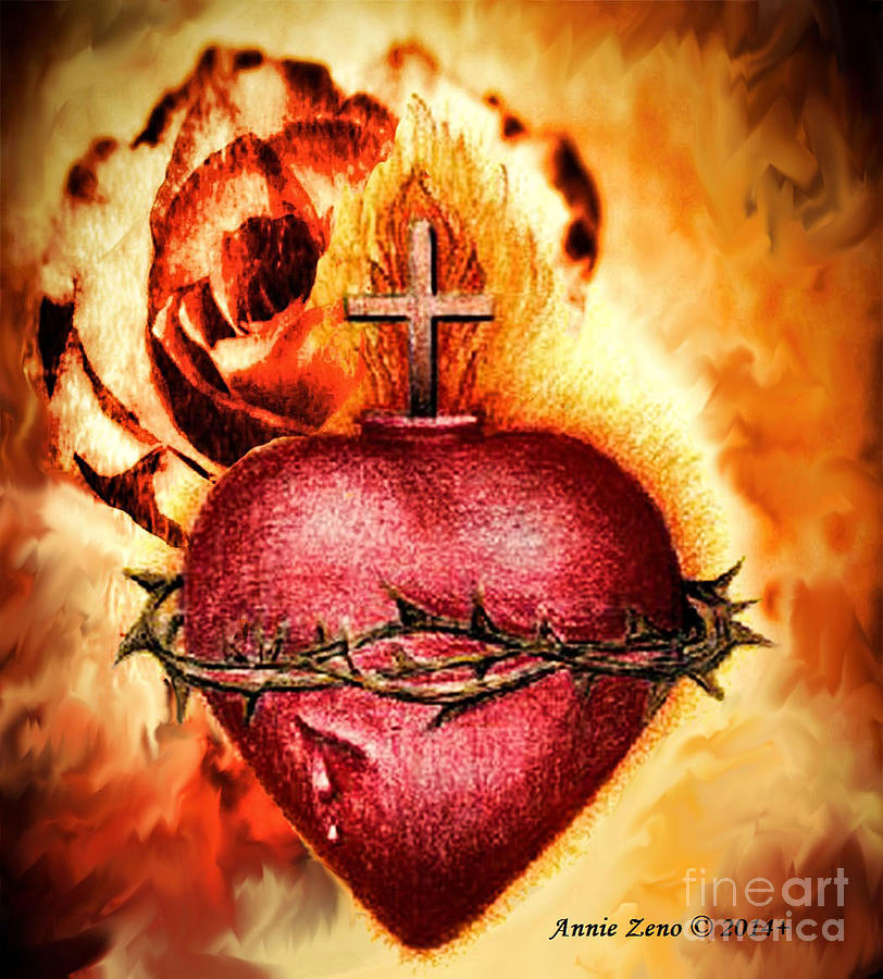Jesus Christ Painting - Sacred Heart Of Jesus Christ With Rose by AZ Creative Visions
