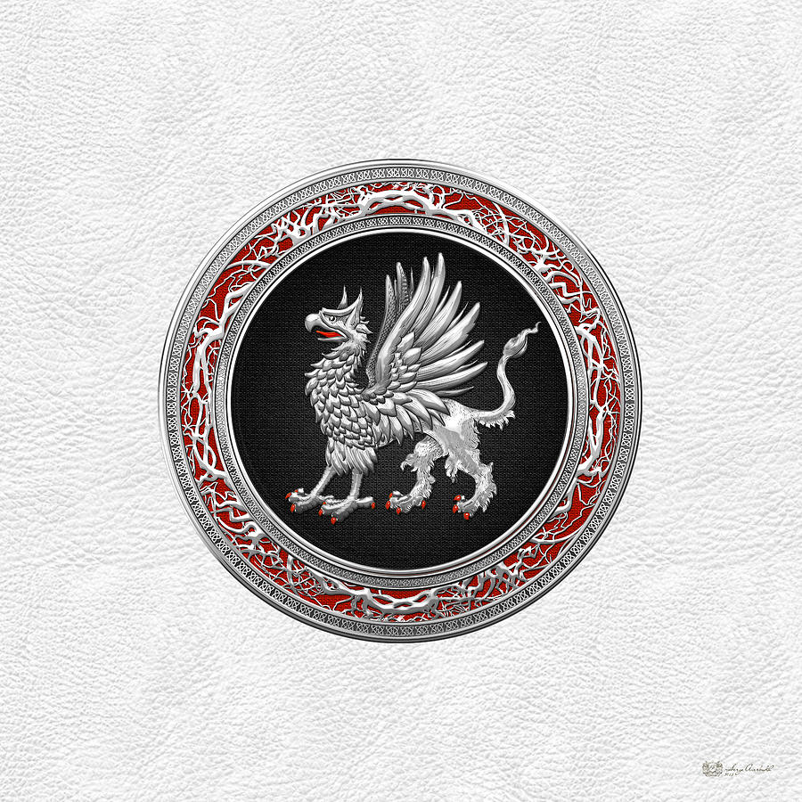 Sacred Silver Griffin on White Leather Digital Art by Serge Averbukh