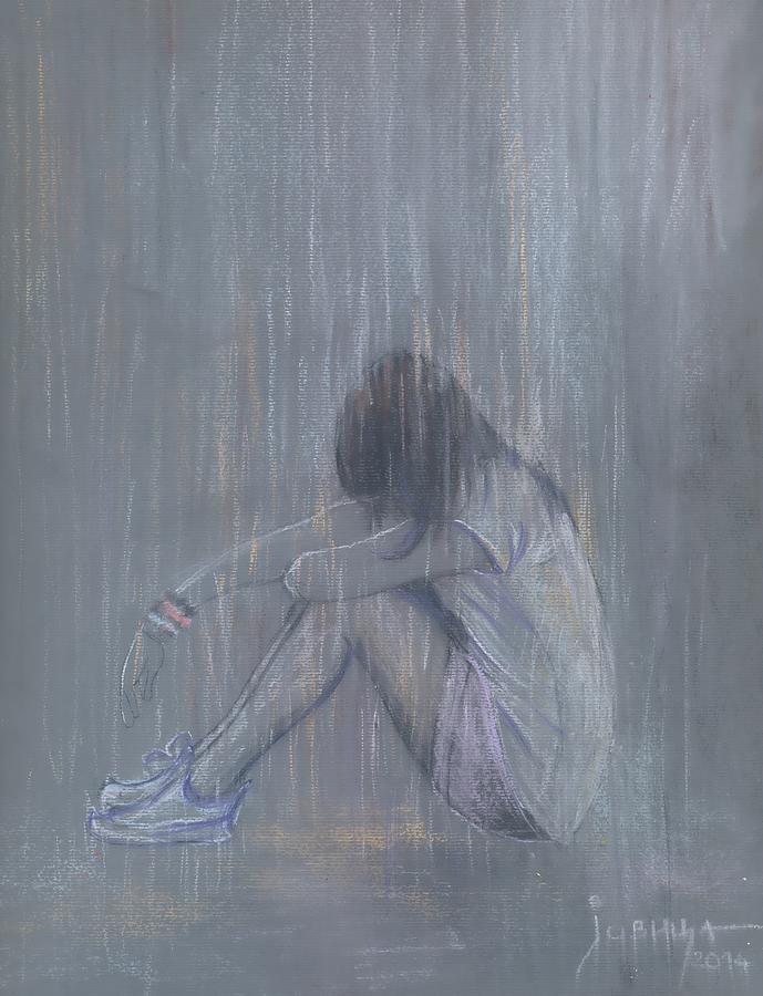 Sad Girl In Rain Drawing