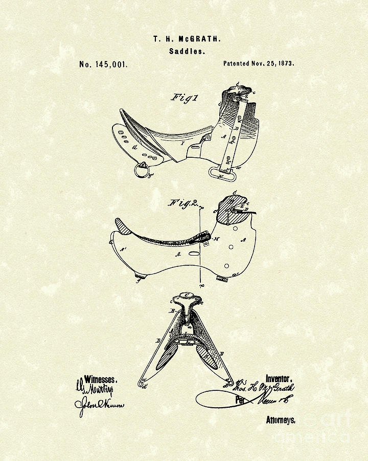 Saddle 1873 Patent Art Drawing by Prior Art Design